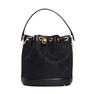 bucket bag tessuto logato e pelle nera