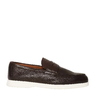 Doucal's - Brown Textured Leather Moccasins with White Rubber Sole