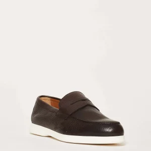 Doucal's - Brown Textured Leather Moccasins with White Rubber Sole