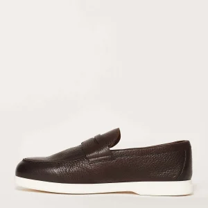 Doucal's - Brown Textured Leather Moccasins with White Rubber Sole