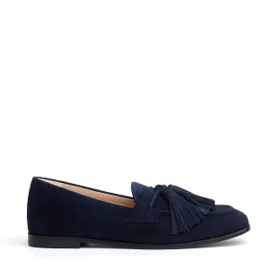 mocassino camoscio blu con fiocchetto