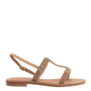 sandalo in camoscio beige con cristalli blu e rame