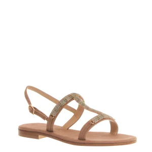 sandalo in camoscio beige con cristalli blu e rame