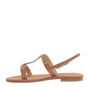 sandalo in camoscio beige con cristalli blu e rame