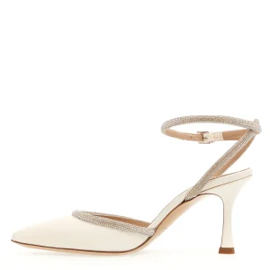 Scarpe eleganti in pelle avorio con strass da 75mm