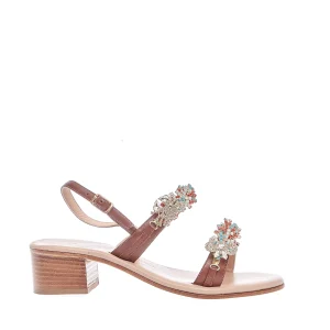 Scarpe eleganti: sandalo in pelle color cuoio con rhinestone blu e arancione