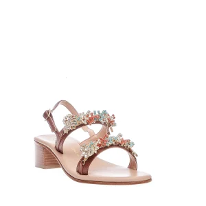 Scarpe eleganti: sandalo in pelle color cuoio con rhinestone blu e arancione
