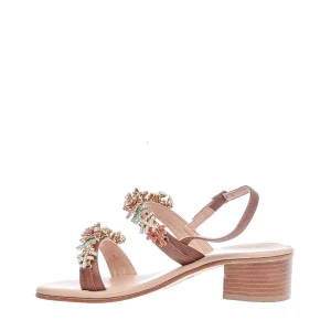 Scarpe eleganti: sandalo in pelle color cuoio con rhinestone blu e arancione