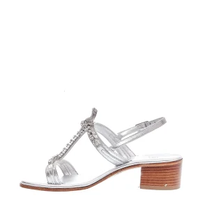 Scarpe eleganti: sandalo in pelle argento con tacco 40 e strass