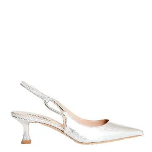 Scarpe in pelle argentata con cinturino slingback e anello metallico 55mm
