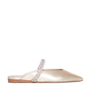 Scarpe Stuart Weitzman: Mule basse in pelle dorata con strass