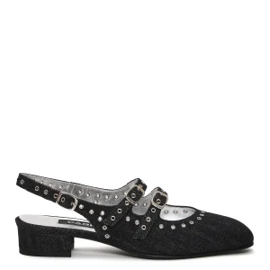 slingback tessuto jeans e borchie tacco 30 mm