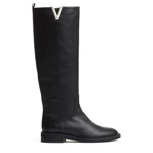 stivale pelle nera V argento
